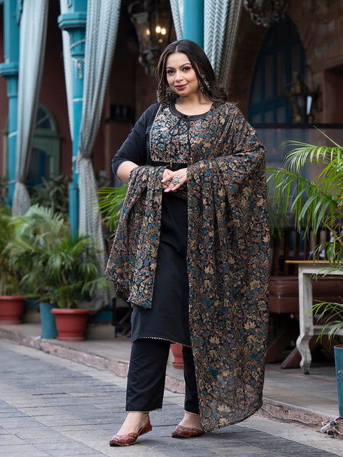 Women Plus Size Black Pure Cotton Kurta Set With Dupatta
